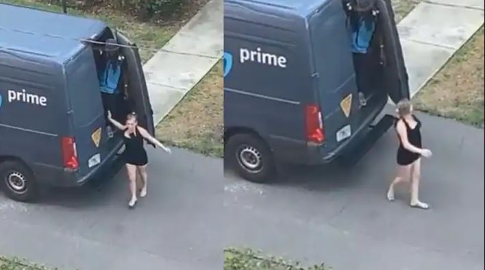 ब्लैक ड्रेस- लड़खड़ाती चाल…Amazon वैन के पिछले दरवाजे से निकली लड़की, जमकर वायरल हो रहा वीडियो